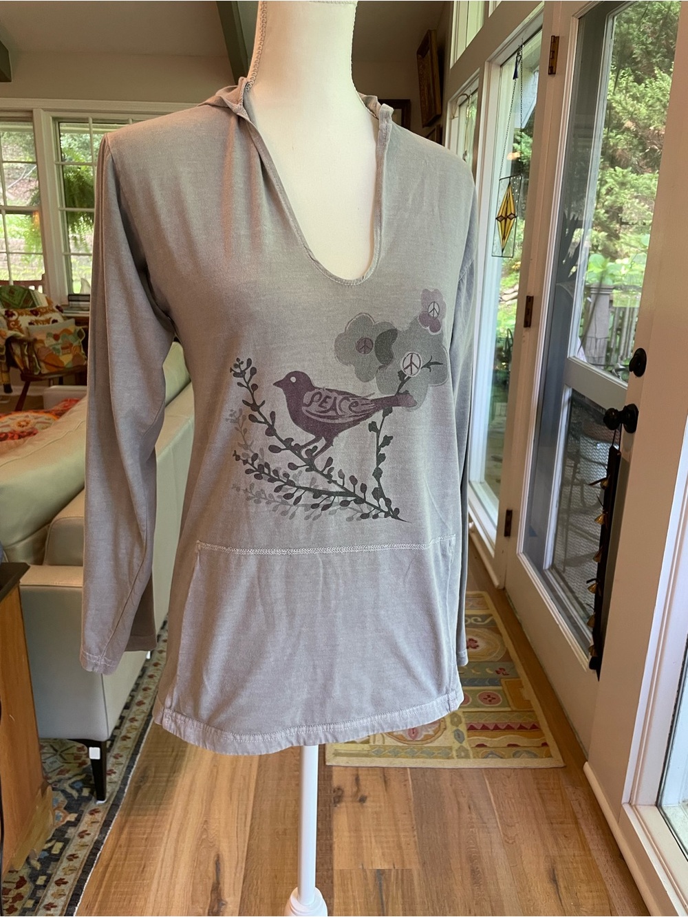 “Whole Earth Wear” Light Gray Hooded Long-Sleeve Tee with Peace bird. Organic